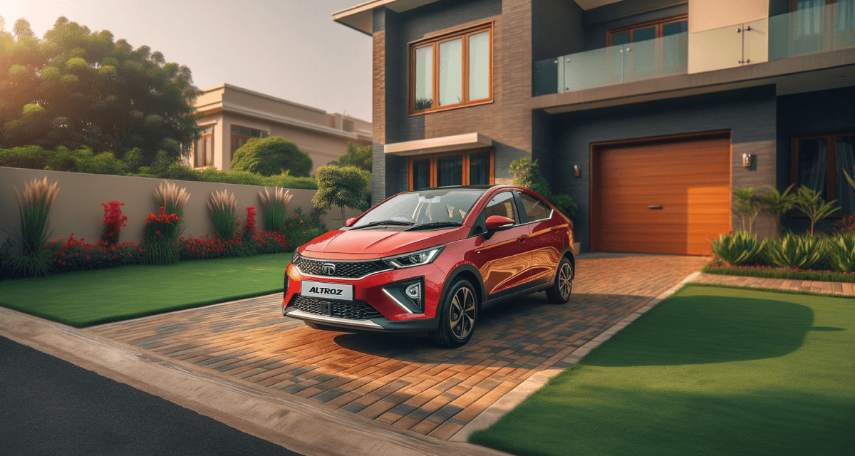 Photo of a sleek Tata Altroz car parked in a suburban driveway. The car is painted in a vibrant shade of red, reflecting the afternoon sun. It's positioned at an angle that showcases its sharp body lines and distinctive headlamps. The driveway is bordered